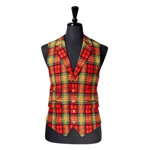 Mens Plaid Vest 42R Red Green Yellow Wool Waistcoat Formal Wedding Prom Party
